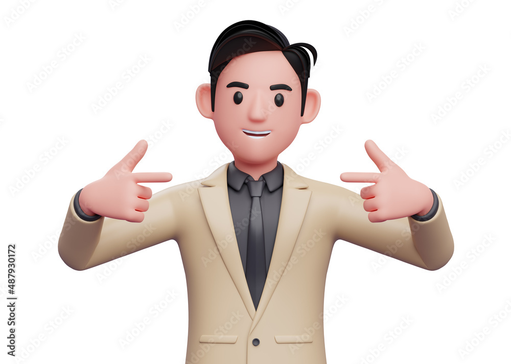 3d Businessman pointing fingers at herself, 3D render businessman character illustration 3d Businessman pointing fingers at herself, 3D render businessman character illustration