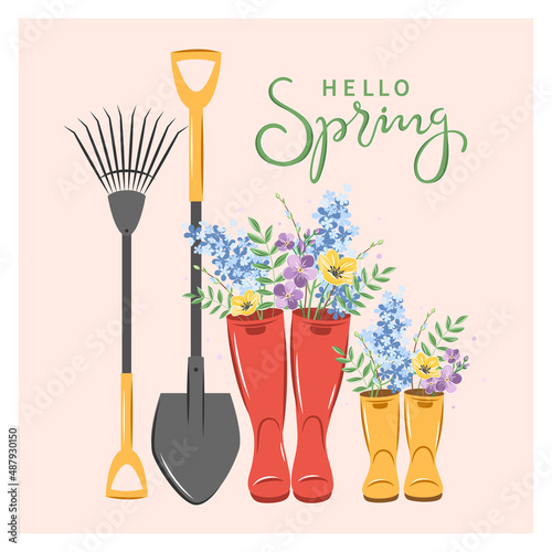 Hello spring text. Cute wellies boots with spring flowers and gardening Tools. Vector illustration.