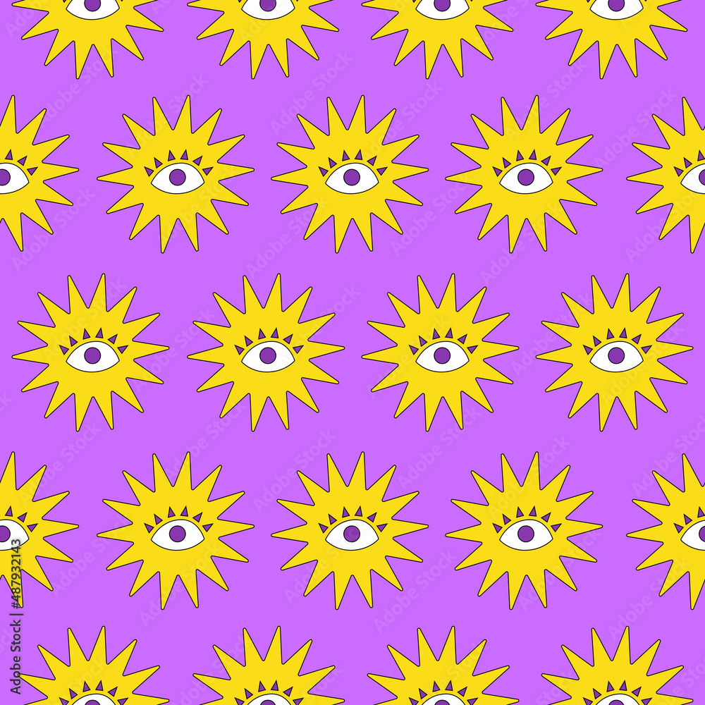 Colorful seamless pattern of minimal magical elemens in psychedelic retro style 60s-70s. Trendy vector illustration
Colorful seamless pattern of minimal magical elemens in psychedelic retro style 60s-70s. Trendy vector illustration