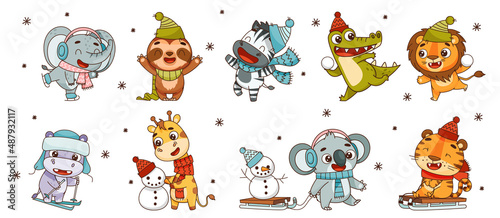 Set kids tropical animals doing winter fun. Hippo, lion, elephant, giraffe, crocodile, zebra, sloth, tiger, koala. Vector illustration for designs, prints, patterns. Isolated on white background