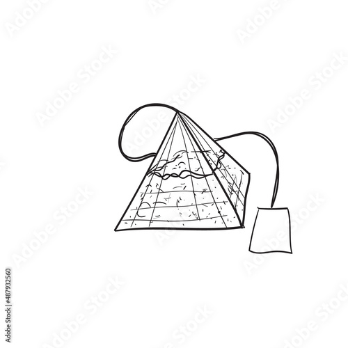 Hand-drawn vector illustration of triangular tea bag. With black circuit without fill on white background