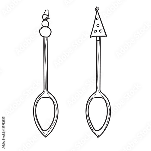 Hand-drawn vector illustration of two spoons. With black circuit without fill on white background