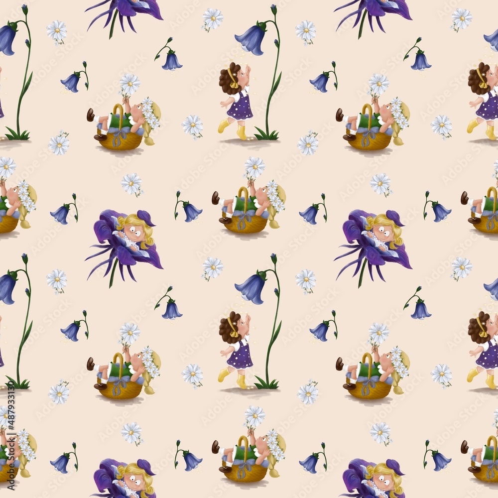Fototapeta premium Cute seamless pattern with fairies and flower on beige background. Little girl with Camomiles, rocky Mountain Columbine, Campanula Colourful Easter. Spring and blossom. Illustration in cartoon style