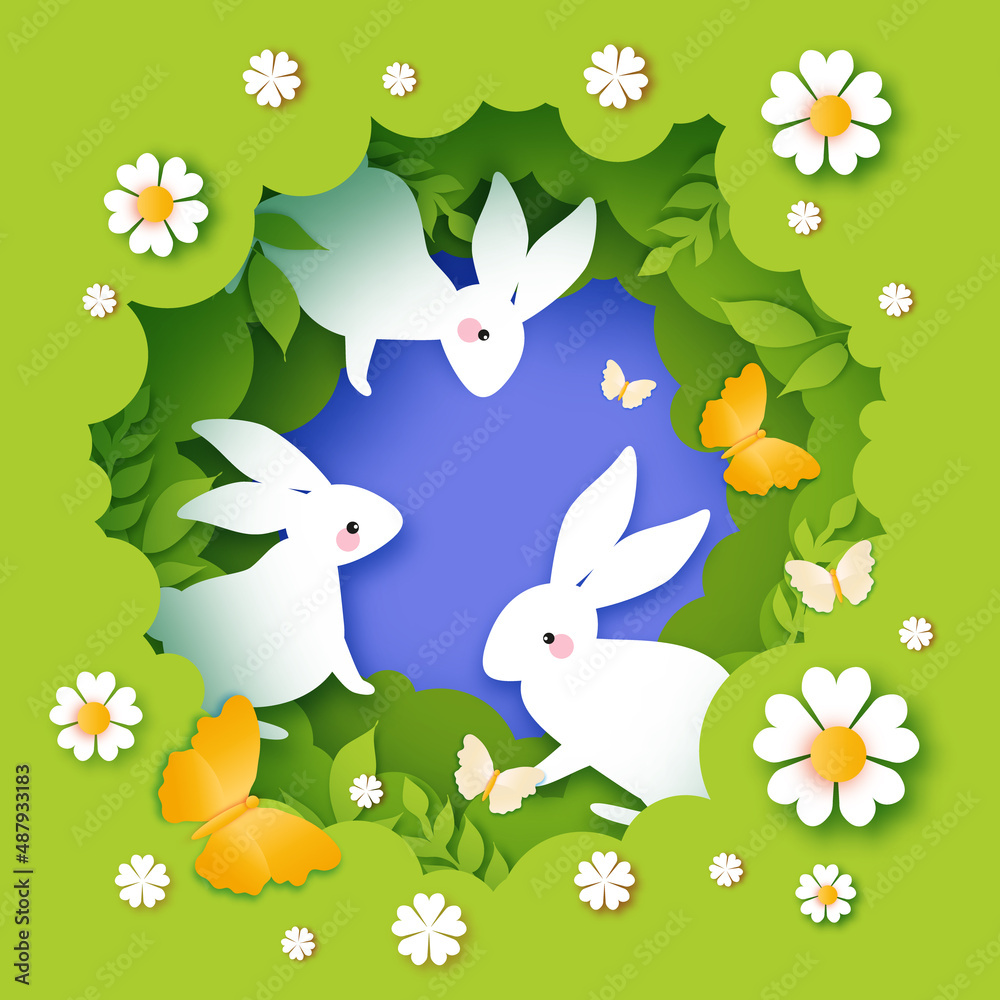 Happy Easter greetings card with Cute white rabbits in paper cut style. Bunny, flowers and butterfly. Spring holidays in modern style
