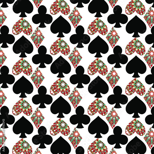 Seamless pattern with card suits with ornament