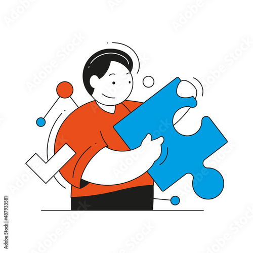 Business man holding puzzle piece with check mark vector flat illustration. Brainstorming, idea, making decision, solving problem, finding solution, answering question, searching, thinking