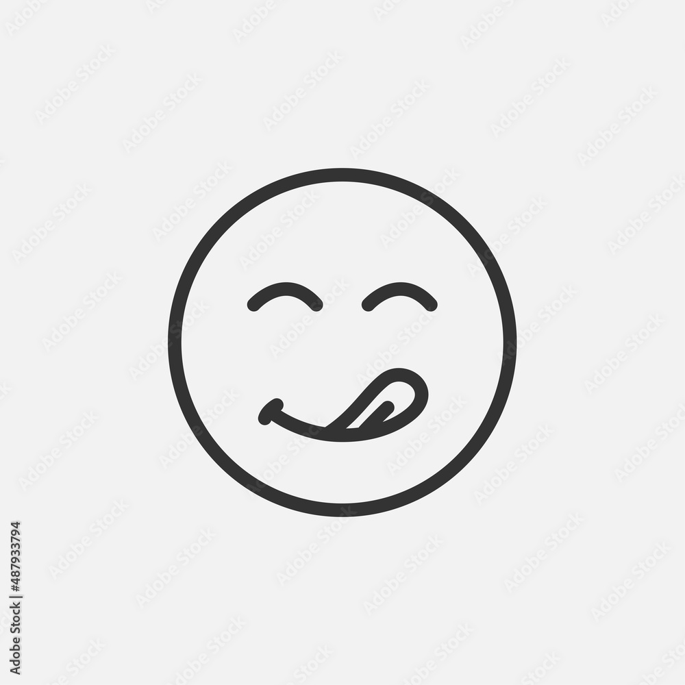 Outline delicious tasty food symbol, yummy and hungry smile emoji with tongue lick mouth icon vector illustration.