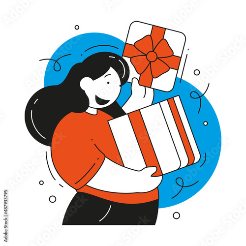 Happy woman open festive wrapped gift box decorated bow vector flat illustration. Female unpacking desired present cardboard pack surprise celebration seasonal holiday with positive emotion isolated