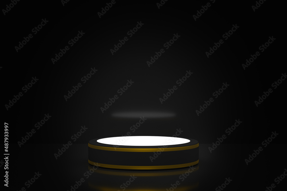 custom made wallpaper toronto digitalPedestal cylindrical with golden inserts on a mirror surface on a dark background 3d rendering