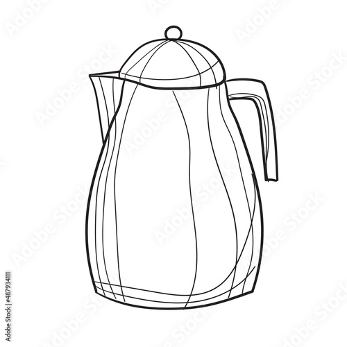 Hand-drawn vector illustration of coffee pot. With black circuit without fill on white background