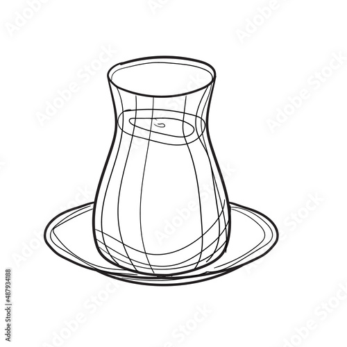 Hand-drawn vector illustration of cup with spoon. With black circuit without fill on white background
