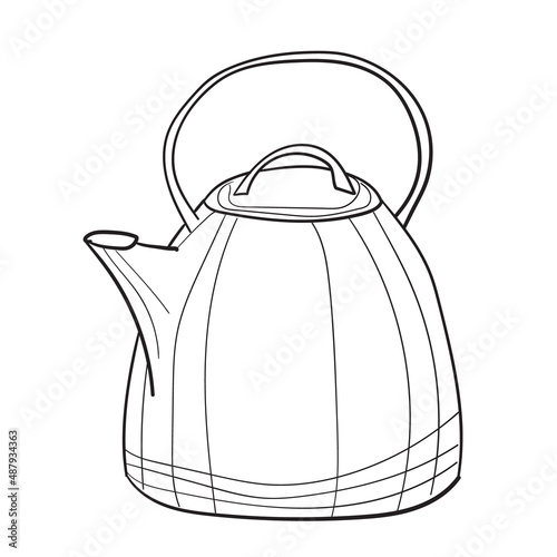 Hand-drawn vector illustration of kettle. With black circuit without fill on white background