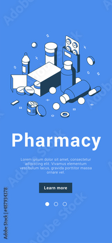 Pharmacy online application mobile homepage user interface isometric vector illustration. Internet drugstore commercial service for buying remedy, cure, treatment, emergency aid, healthcare therapy