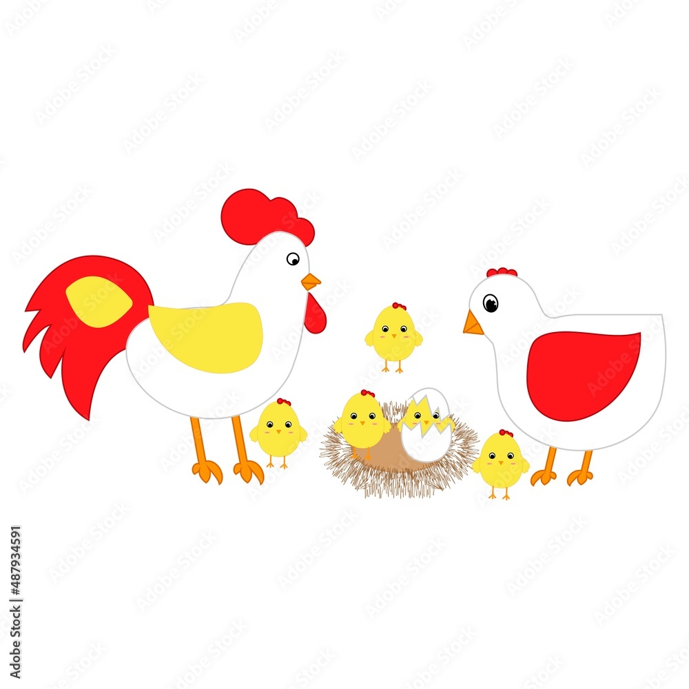 Cartoon hen with rooster and chicks