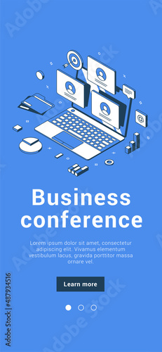 Online meetup remotely business conference with colleagues use laptop mobile application isometric vector illustration. Distance video call, working from home. Internet global webinar communication