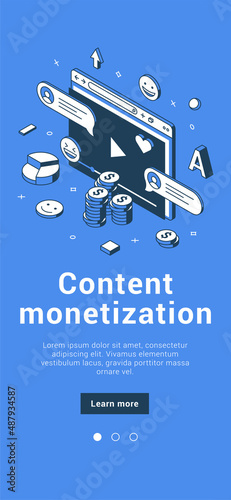 Website blogging content monetization online e commerce digital marketing service mobile app isometric vector illustration. Blog analyzing generating income, ad placement, sponsor partnership