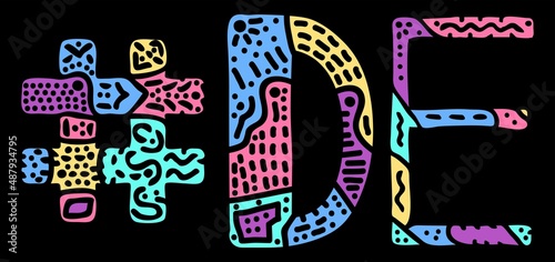 DE Hashtag. Multicolored bright isolate curves doodle letters. Hashtag #DE is abbreviation for the US American state Delaware for social network, web resources, mobile apps.