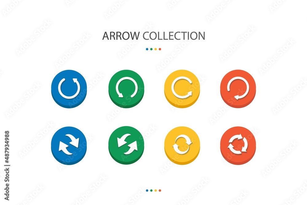 Set of modern reload, recycle icons design set illustration arrow elements with 4 colors circle shape. Set of modern reload, recycle icons design set illustration arrow elements with 4 colors circle shape.