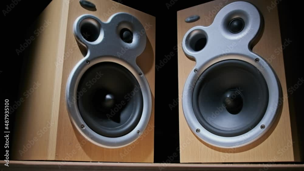 Audio speakers vibrate from sound bass in slow motion on black