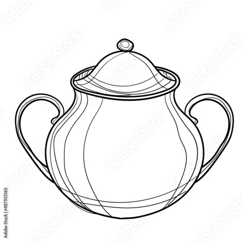 Hand-drawn vector illustration of sugar bowl. With black circuit without fill on white background