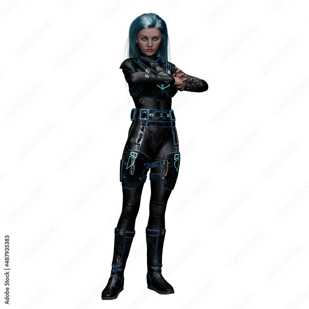 Fierce Scifi Woman with Turquoise Eyes, 3D Illustration, 3D rendering