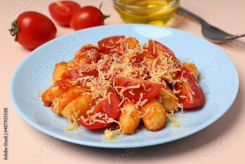 Concept of tasty food with potato gnocchi, close up