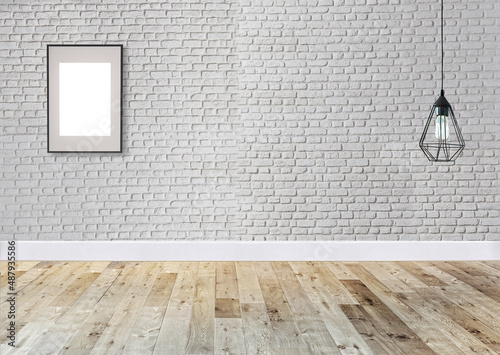 empty house interior design and lamp on white stone brick wall. 3D illustration