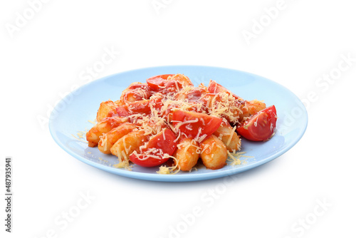 Plate with potato gnocchi isolated on white background