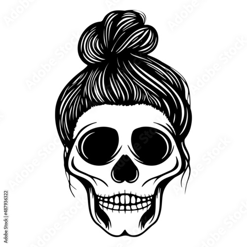 Woman skull With Messy Bun hair. Mom Life Boho