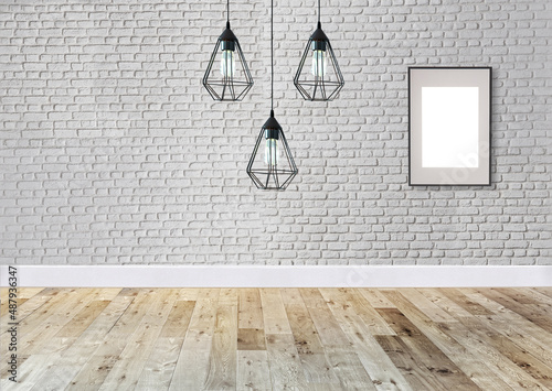 empty house interior design and lamp on white stone brick wall. 3D illustration