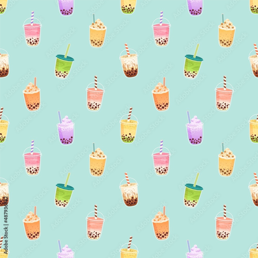 Seamless pattern with bubble milk tea in cups. Endless background with ...