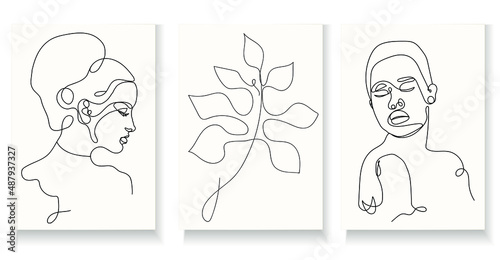 Line art women face contouring in minimalistic style for prints, tattoos, posters, textile, cards etc. Vector illustration 