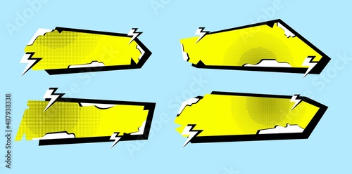 comic style tags in various yellow and polka-dotted rectangular shapes. vector flat illustration, mockups. textured stickers for preview tags, promosi, frames, stickers, labels, tags, lower third