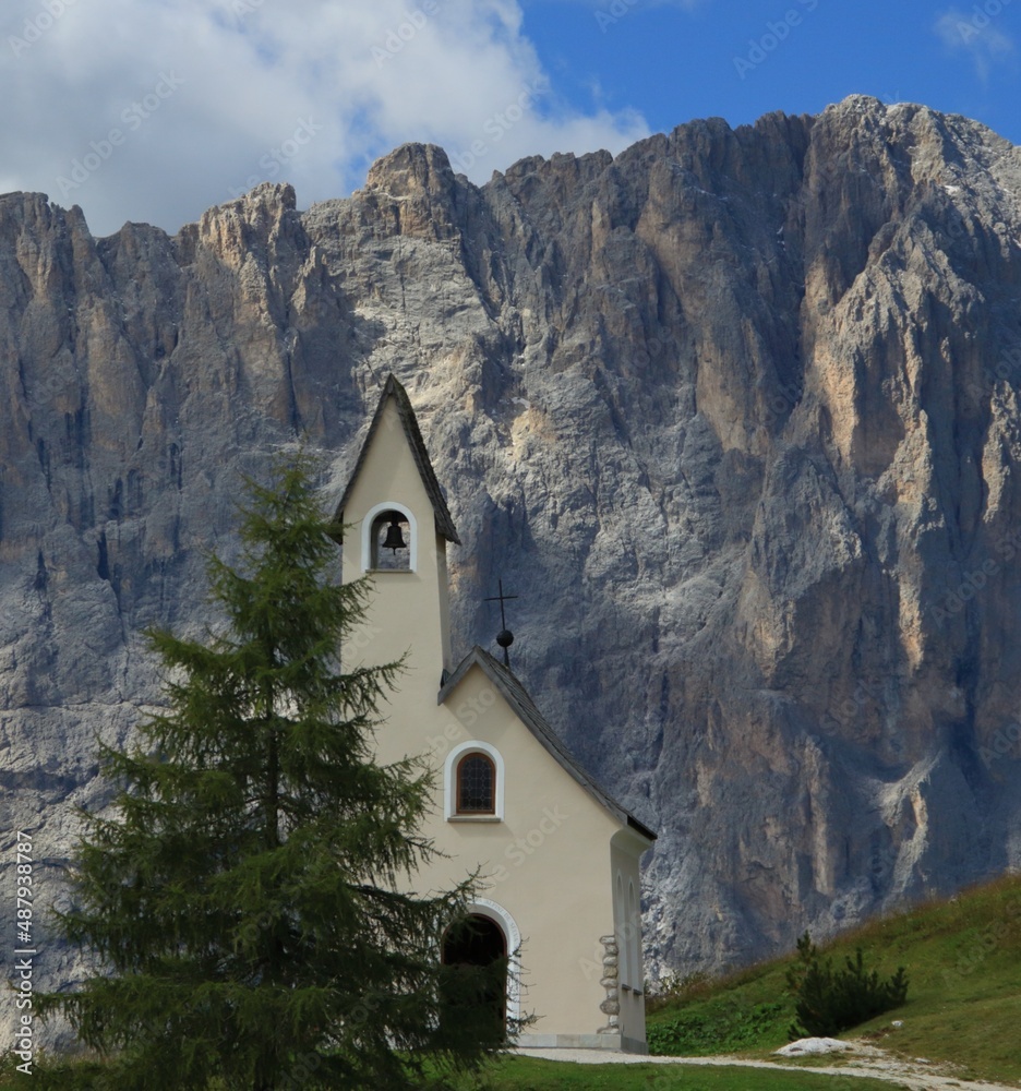 Church in front of Dolomite rocks Church in front of Dolomite rocks