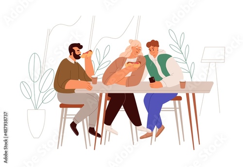 People eating at table, sitting and talking in fast food bistro at leisure time. Men and woman friends having meal, hot dogs together. Flat graphic vector illustration isolated on white background