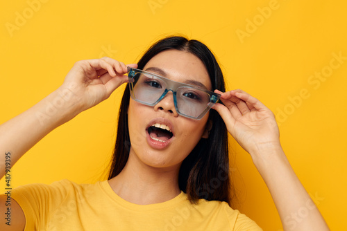 cute asian girl in stylish glasses monochrome photo