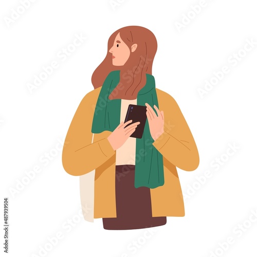 Young woman holding mobile phone. Person with smartphone in hand, standing ou...