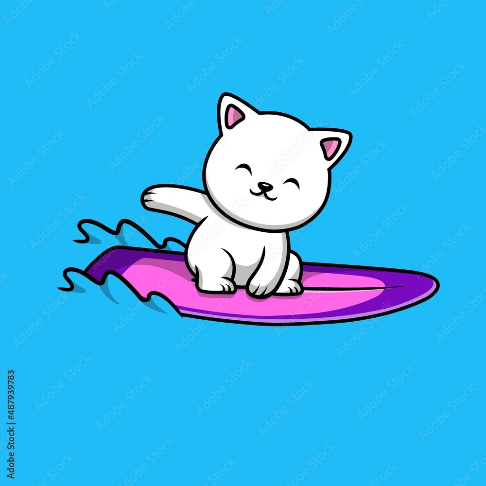Cute Cat Surfing With Surfboard Cartoon Vector Icon Illustration