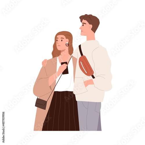 Sad worried couple disappointed with problems. Unhappy young man and woman in trouble. Upset dissatisfied puzzled people looking aside. Flat vector illustration isolated on white background