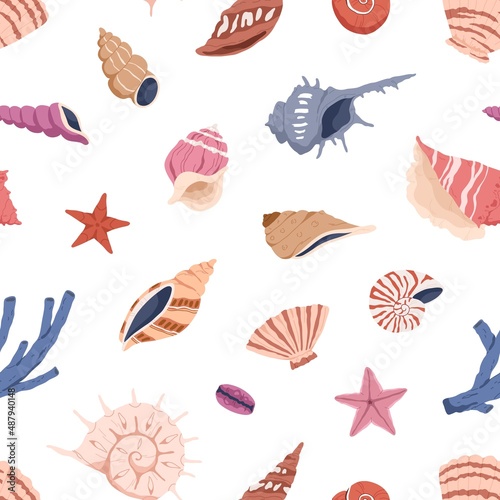 Sea shells pattern. Seamless background with repeating seashells print. Marine aquatic design. Endless texture with shellfishes, conches, clams, mollusks. Colored hand-drawn vector illustration
