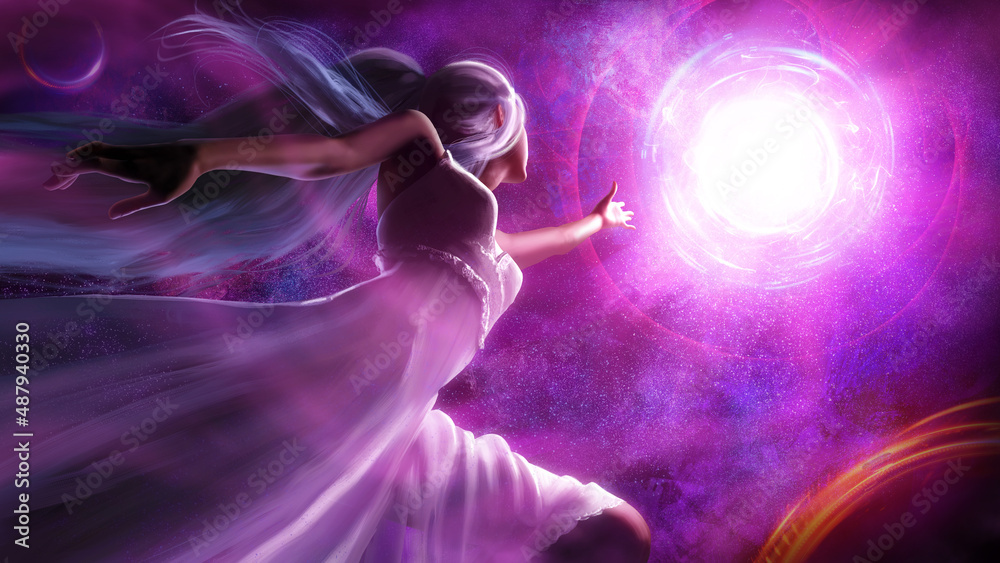 Naklejka premium A beautiful girl in a white summer dress is flying in her wonderful dream through space in weightlessness, she is reaching for a bright white clot of light in the midst of planets and stars 2d art 