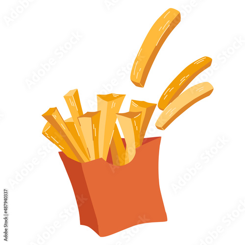 French fries. Fast food in a red packing box. Fried potatoes. Fatty, unhealthy food. Vector cartoon illustration isolated on the white background.