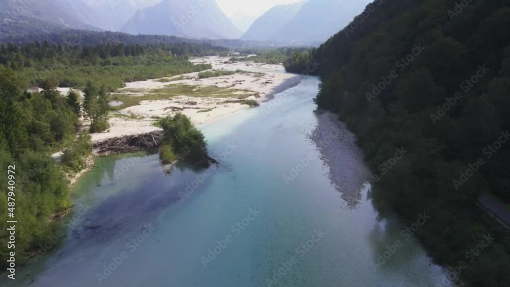 Slovenian valley during summer time - River between mountains - Aerial Drone Footage Slovenian valley during summer time - River between mountains - Aerial Drone Footage