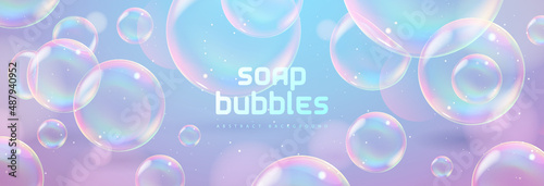 Abstract background with realistic soap bubbles. Bubbles with rainbow reflection. Vector illustration