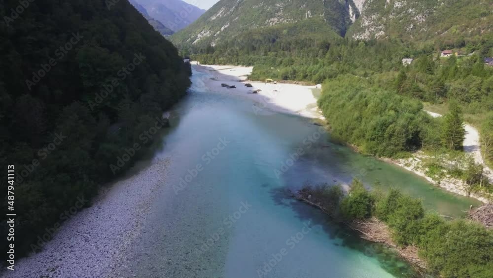Slovenian valley during summer time - River between mountains - Aerial Drone Footage Slovenian valley during summer time - River between mountains - Aerial Drone Footage