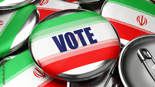 Vote in Iran - national flag of Iran on dozens of pinback buttons symbolizing upcoming Vote in this country. , 3d illustration