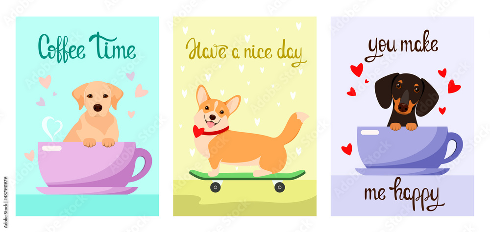 A set of postcards with funny dogs. Cartoon design.
