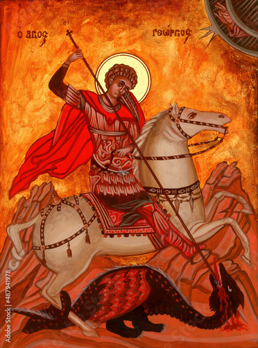 Orthodox icon of the Byzantine style Saint Great Martyr George the Victorious, from Romanian Monastery, Neamt county. photo