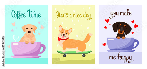 A set of postcards with funny dogs. Cartoon design.
