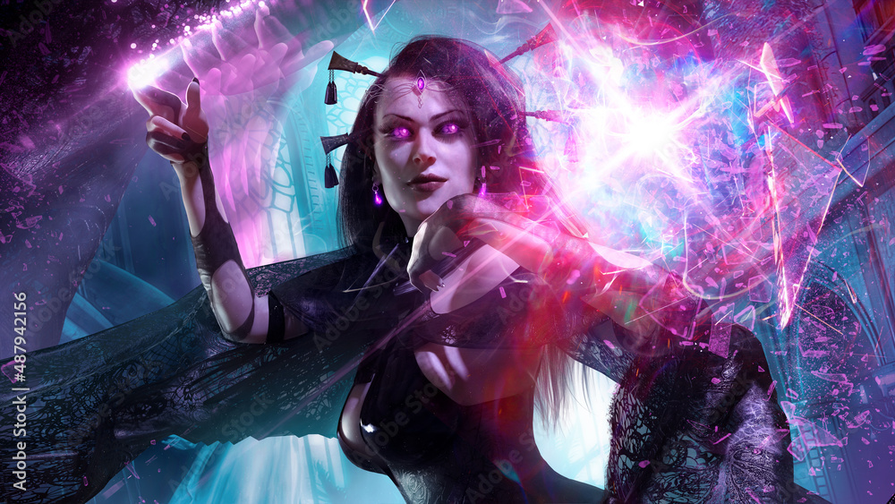 Charming sexy enchantress woman with purple needles in an elegant black dress playfully smiling beats off a spell making a beautiful gesture with her fingers in an ancient night temple. 3d rendering